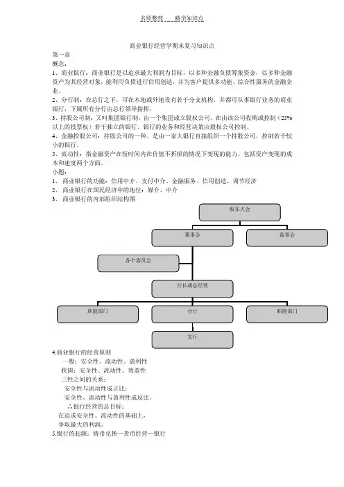 商业银行经营期末复习知识点
