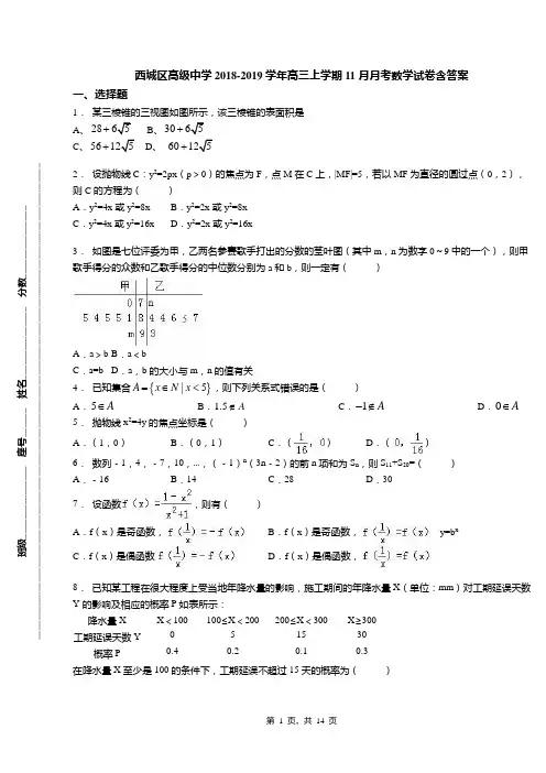 西城区高级中学2018-2019学年高三上学期11月月考数学试卷含答案 2