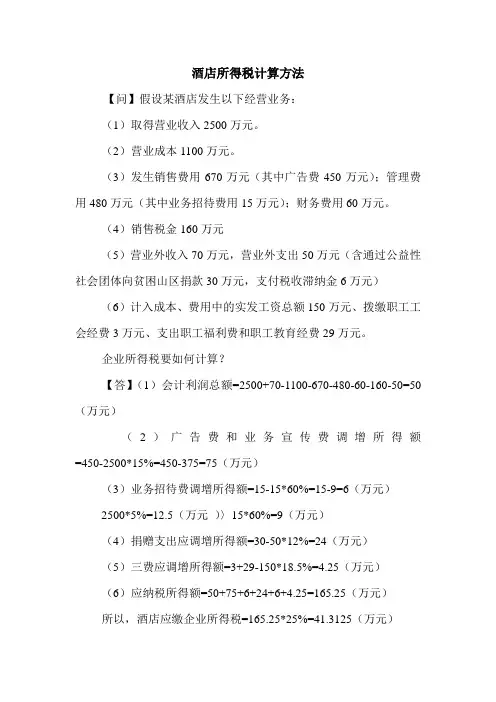 酒店所得税计算方法 