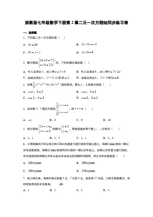 二元一次方程组 浙教版七年级数学下册单元同步练习(含解析)