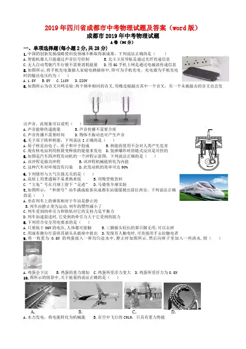2019年四川省成都市中考物理试题及答案(word版)