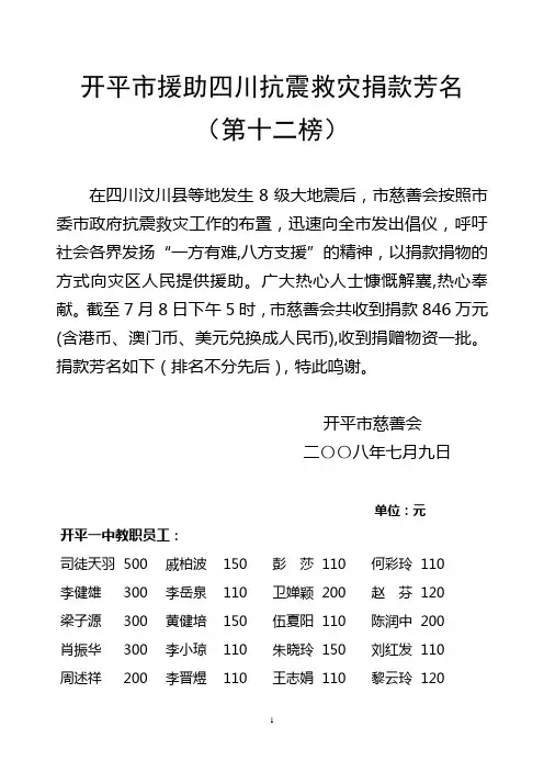 开平市援助四川抗震救灾捐款芳名