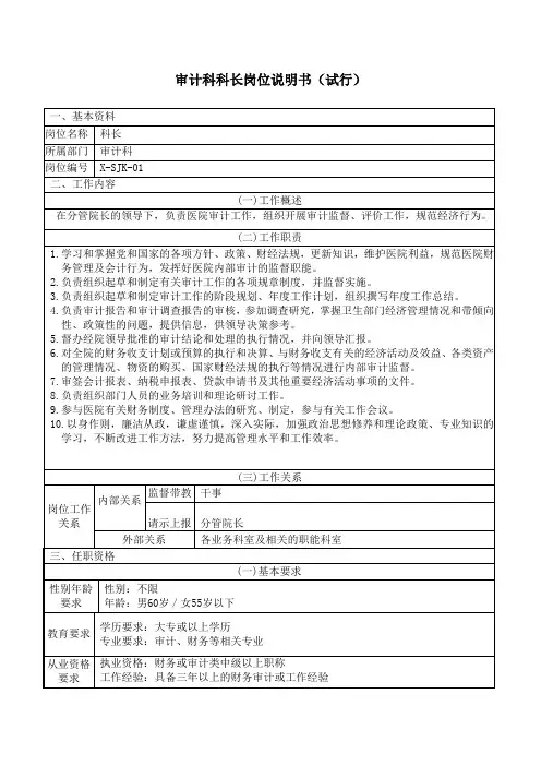 审计科主任岗位说明书