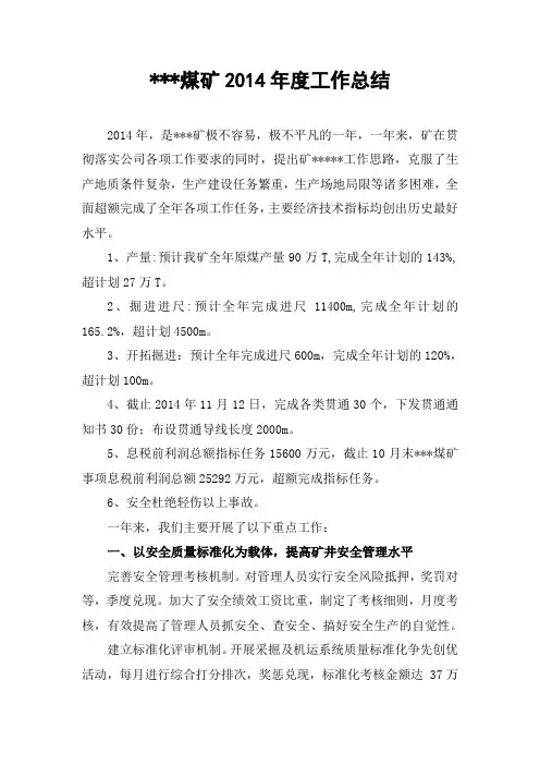 某某煤矿2014年度工作总结