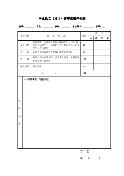 毕业论文(设计)答辩成绩评分表