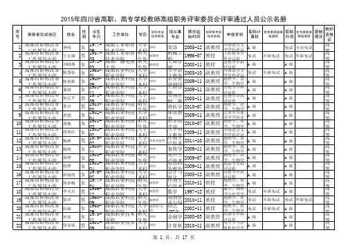 2015年四川省高职、高专学校教师高级职务评审委员会评审通过人员公示名册.