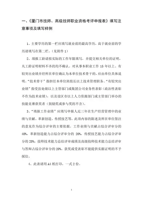 厦门市技师申报填写样例与技术能力总结样例