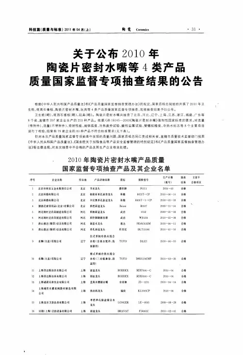 关于公布2010年陶瓷片密封水嘴等4类产品质量国家监督专项抽查结果的公告