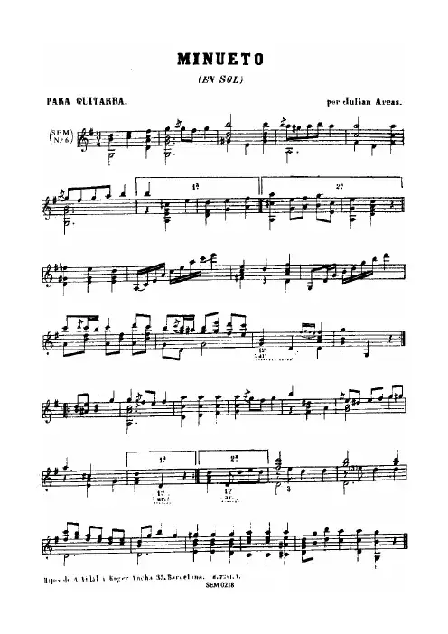 阿卡斯作品《G大调小步舞曲》MINUETO EN SOL;Julian Arcas古典吉他谱