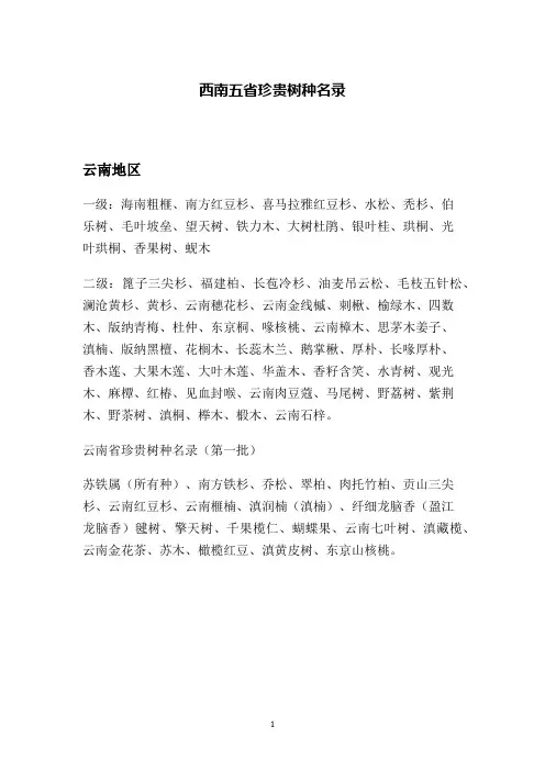 西南五省珍贵树种名录
