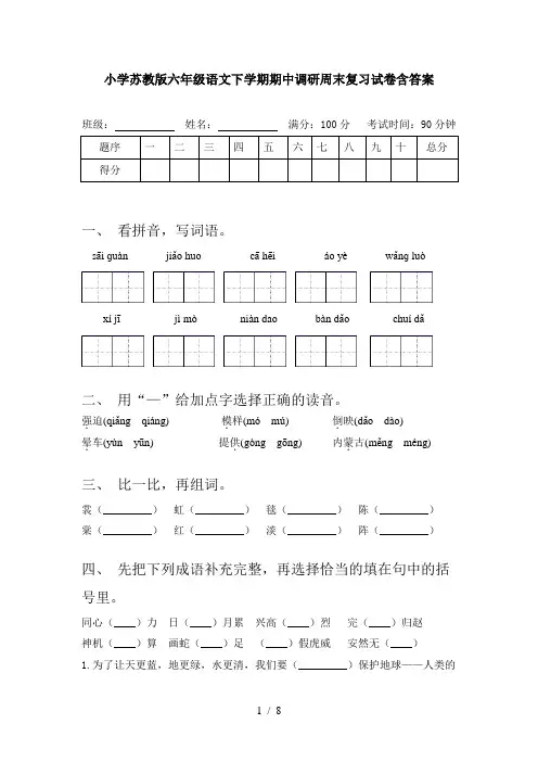 小学苏教版六年级语文下学期期中调研周末复习试卷含答案