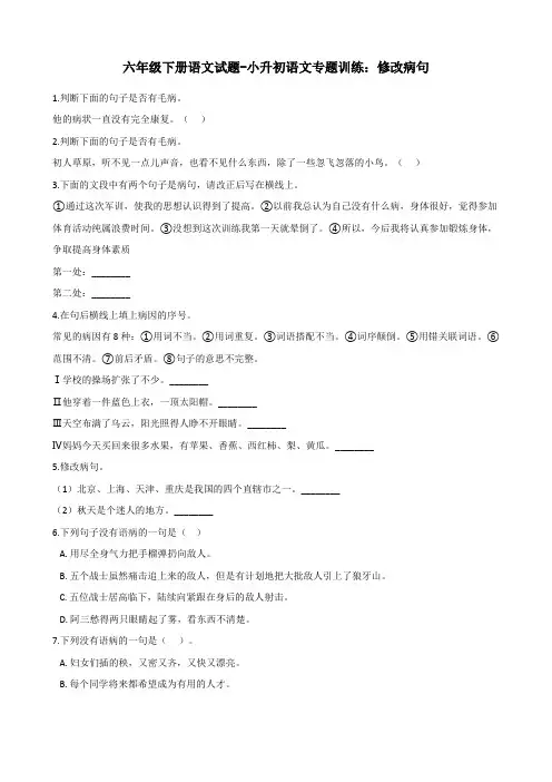 六年级下册语文试题-小升初语文专题训练：修改病句 部编版(含答案)