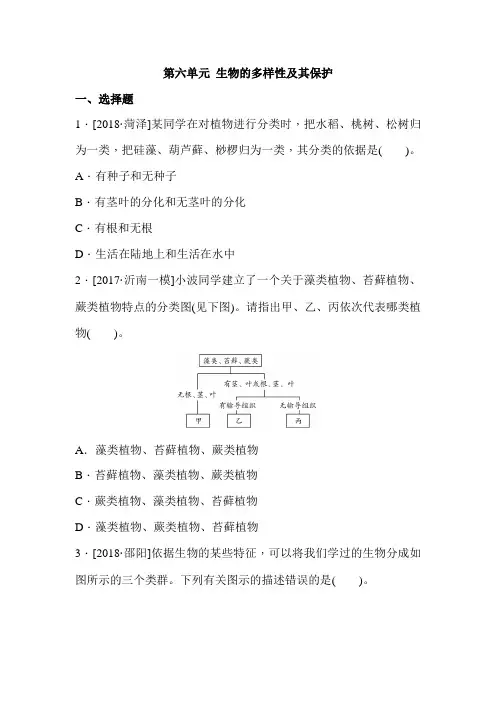 人教版八年级上册生物第六单元生物的多样性及其保护练习