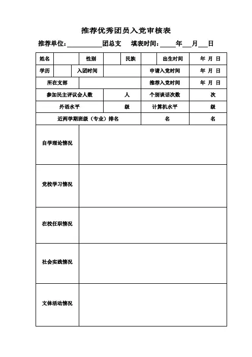 推荐优秀团员入党审核表