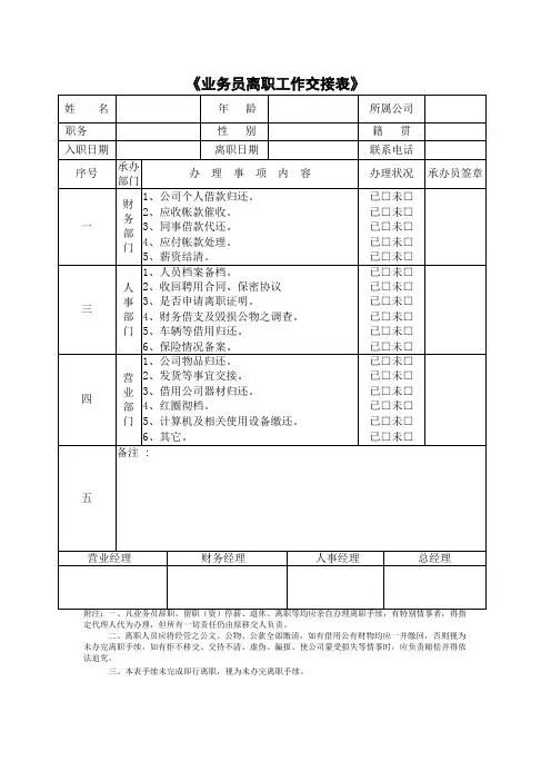 业务员离职工作交接表