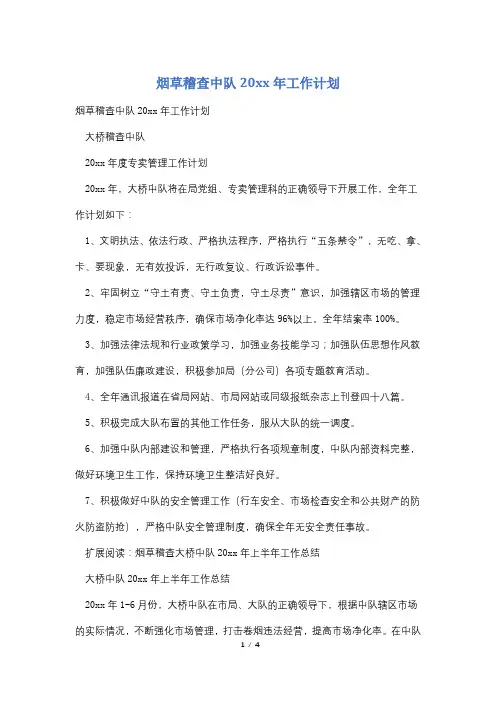 烟草稽查中队20xx年工作计划