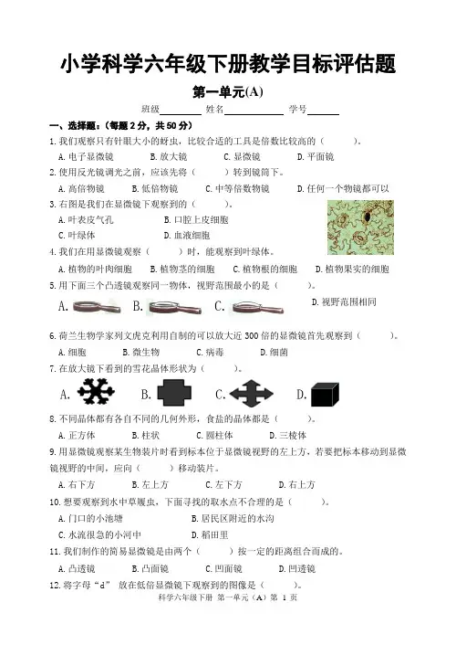 六年级下册科学试题 -第一单元 A评估提题  教科版 (无答案)
