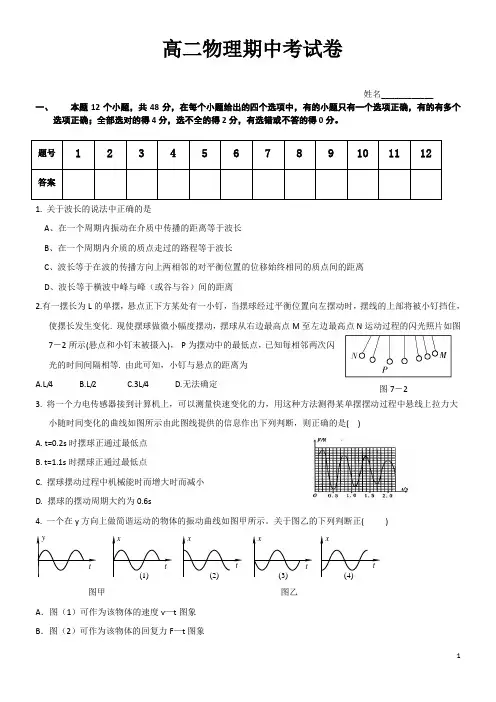 高二物理期中考试卷及答案