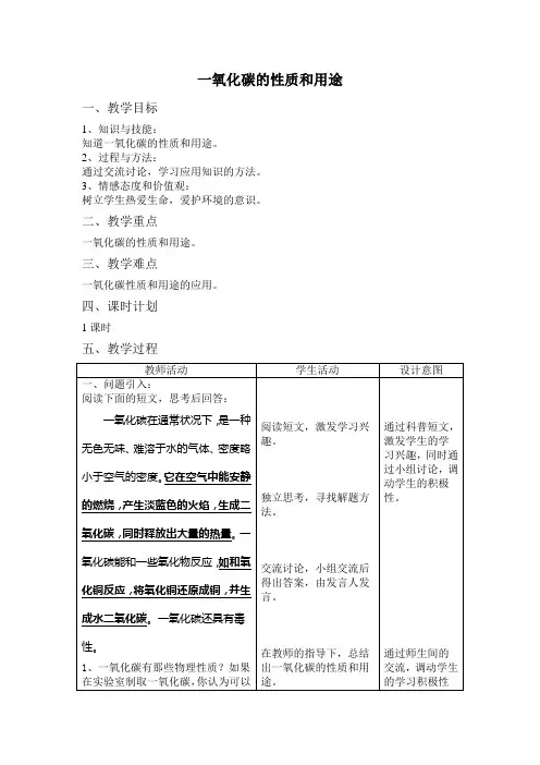 一氧化碳的性质和用途
