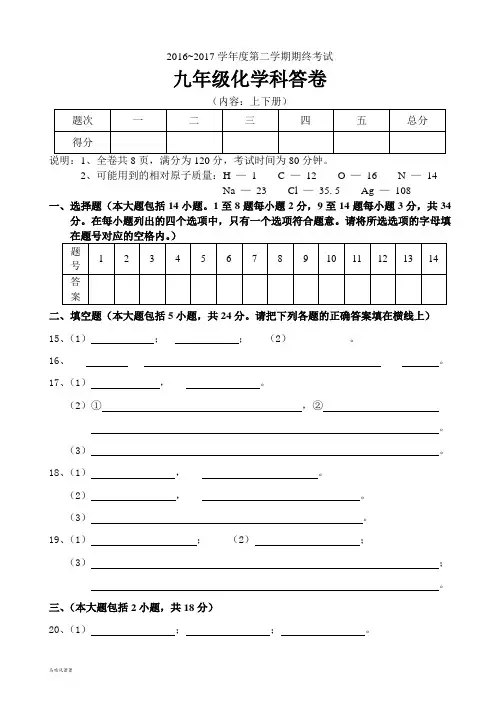 人教版九年级化学下册第二学期期终考试试题答卷.docx