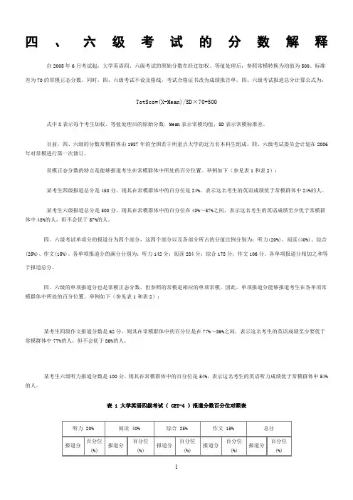 四六级英语考试的分数对照表