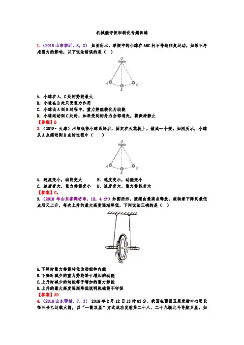 2019年人教版中考物理专题复习--机械能守恒和转化专题训练专题训练(答案版)