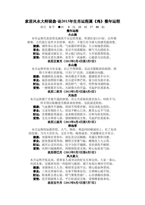 家居风水大师裴翁-论2013年生肖运程属《鸡》整年运程