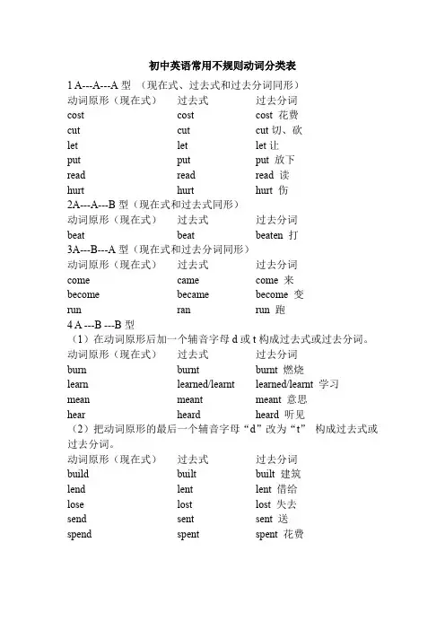 初中英语常用不规则动词分类表 2
