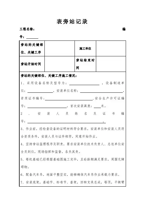 塔吊安装监理旁站记录(最新版)