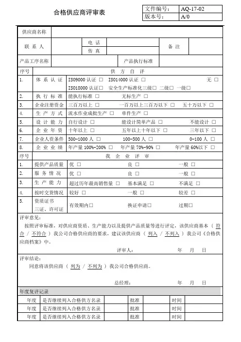 121合格供应商评审表