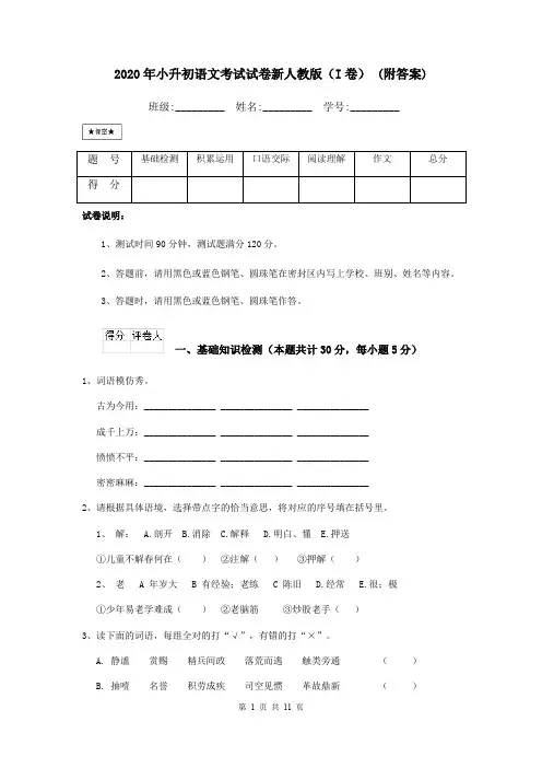 2020年小升初语文考试试卷新人教版(I卷) (附答案)