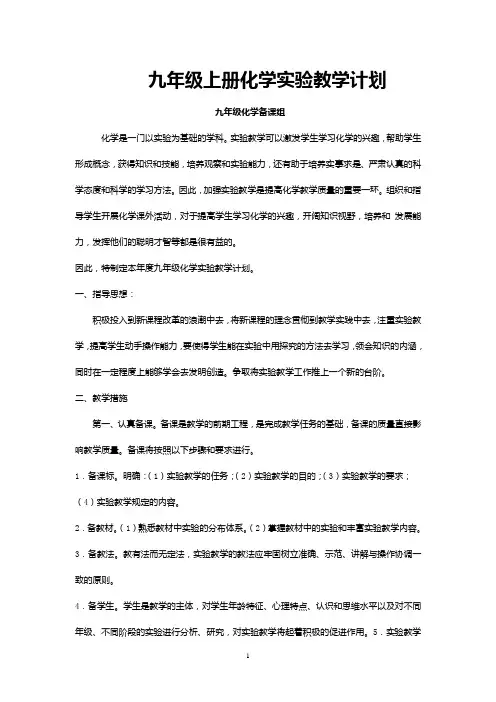 人教版九年级化学实验教学计划 2