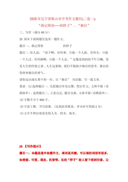2020年辽宁省鞍山市中考作文题目(二选一)：“我记得你---的样子”、“独自”