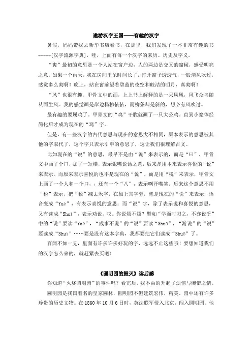 遨游汉字王国——有趣的汉字  人教版五年级语文上册单元作文范文
