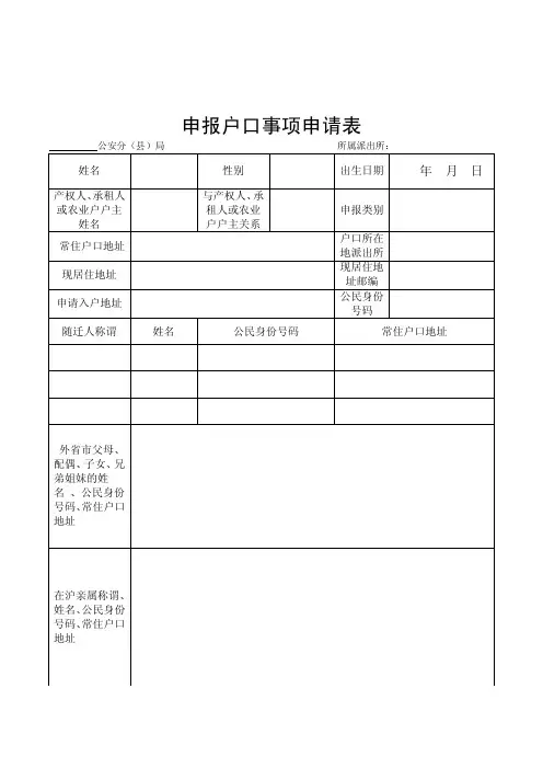 上海市 申报户口事项申请表