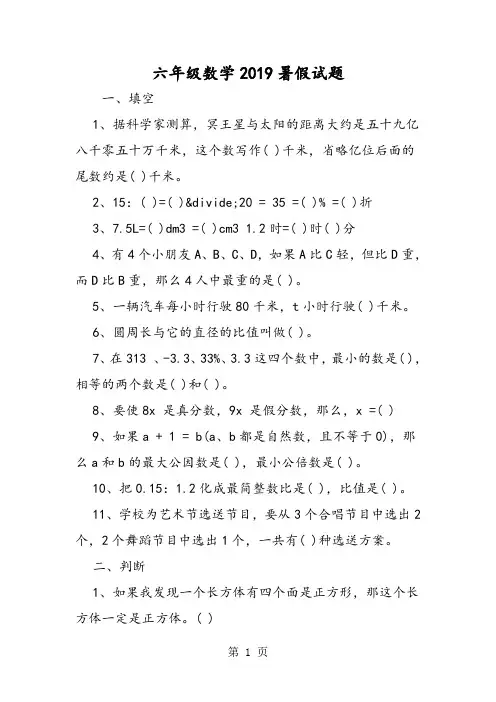 2019六年级数学暑假试题精品教育.doc