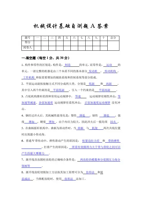 机械设计基础自测题A答案