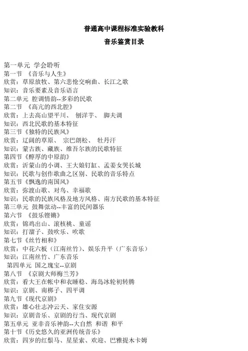 高中音乐鉴赏目录表(人教版)