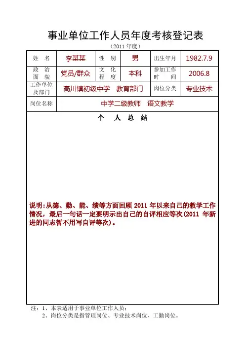 事业单位工作人员年度考核登记表(样表)