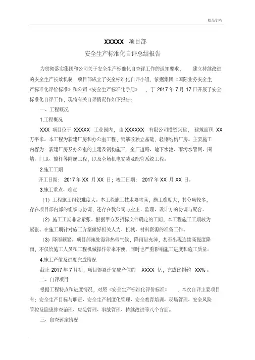 安全生产标准化自评总结报告-项目部
