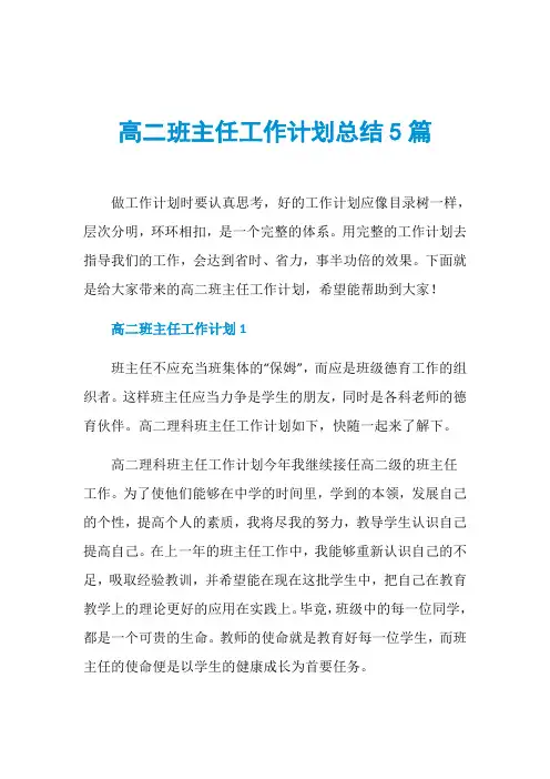 高二班主任工作计划总结5篇