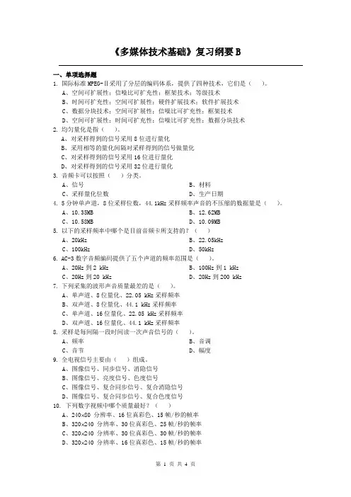 多媒体技术基础课程复习考试试题及答案B