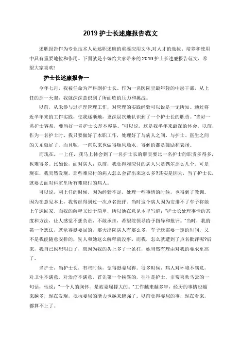 2019护士长述廉报告范文