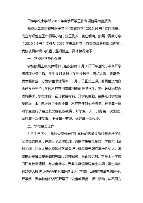 2015年春季开学工作专项督导自查报告
