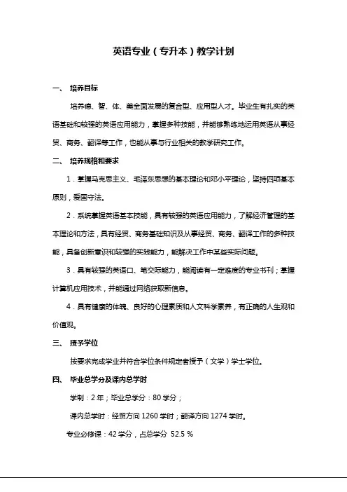 英语专业专升本教学计划