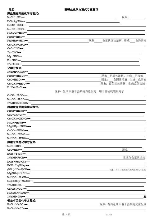 2013中考化学酸碱盐化学方程式专题复习