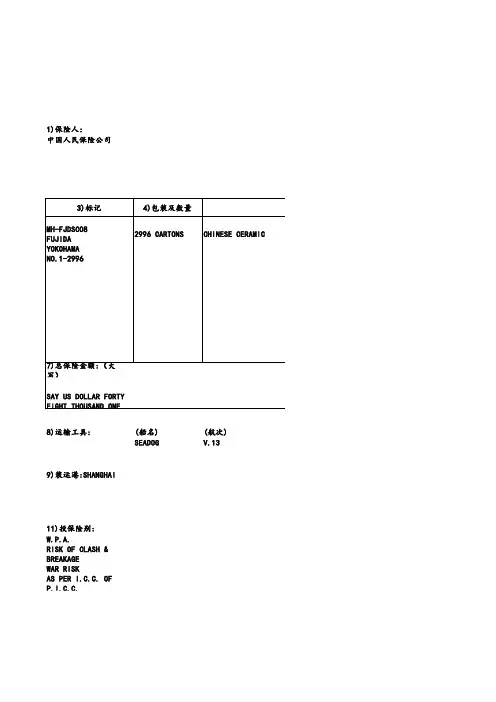 上海闵华进出口有限公司操作十二投保单