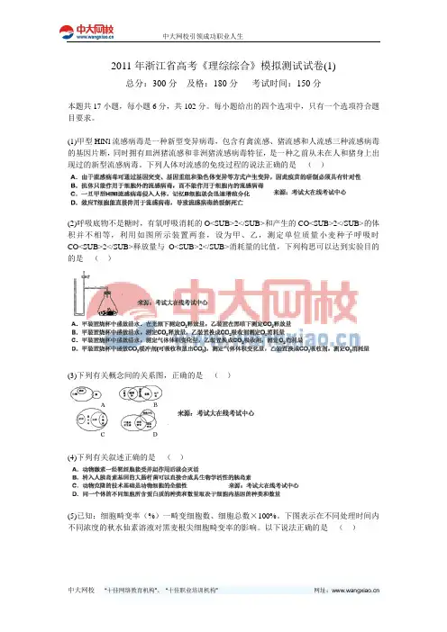 2011年浙江省高考《理综综合》模拟测试试卷(1)-中大网校