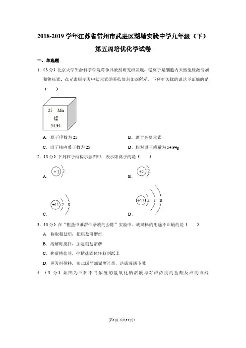 2018-2019学年江苏省常州市武进区湖塘实验中学九年级(下)第五周培优化学试卷