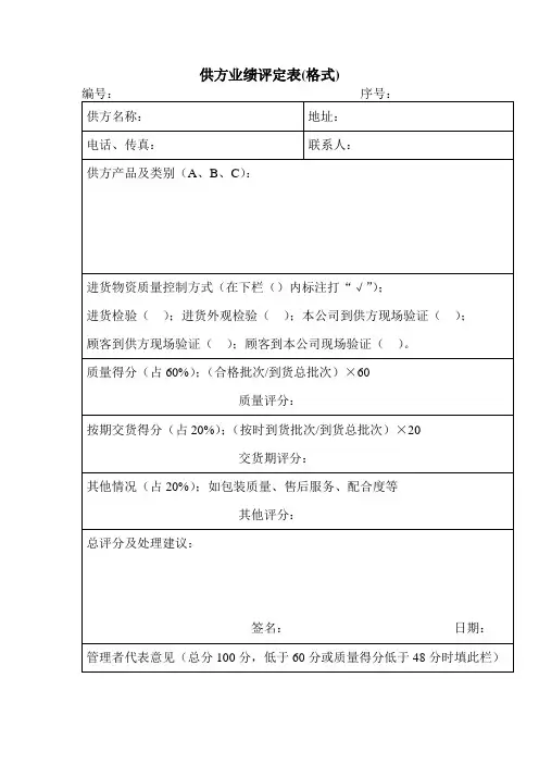 供方业绩评定表(格式)